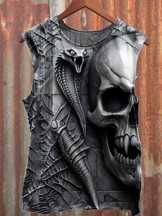 Vintage Steel Distressed Skull Print Cotton Tank Top