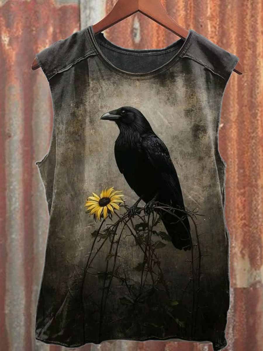 Vintage Graffiti Crow Print Casual Cotton Tank Top