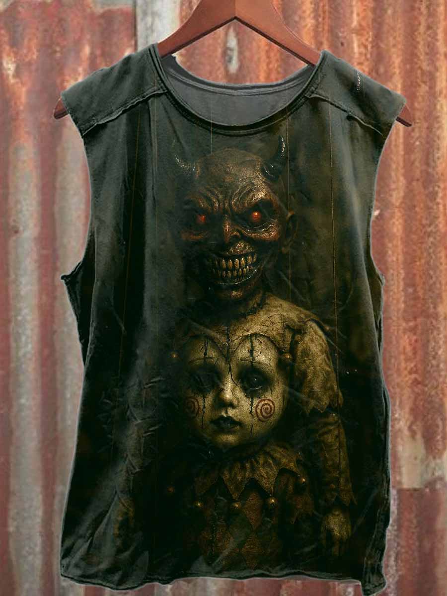 Vintage Puppet Monster Print Casual Cotton Tank Top