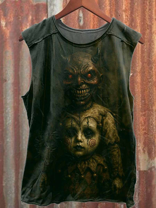 Vintage Puppet Monster Print Casual Cotton Tank Top