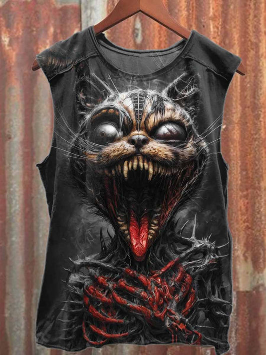 Fierce Cat Print Casual Cotton Tank Top