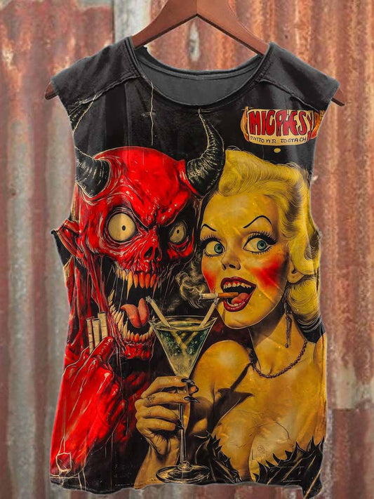 Vintage Monster Print Casual Cotton Tank Top