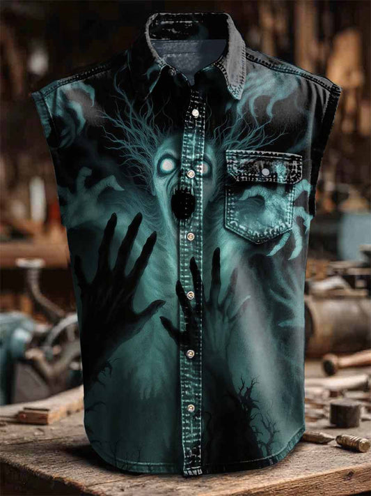 Devil Art Print Casual Sleeveless Pocket Collar Shirt