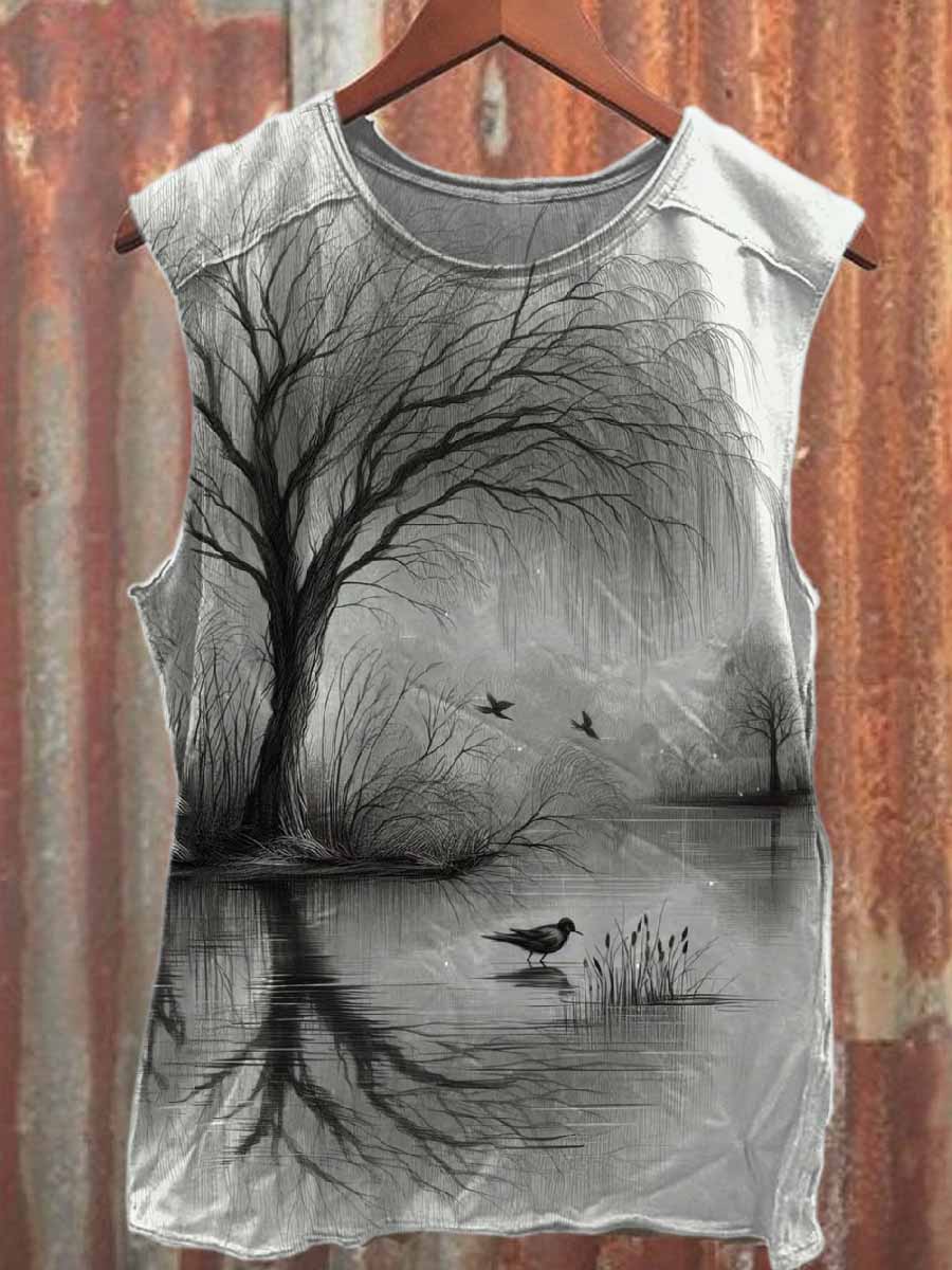 Retro Simple Landscape Print Casual Cotton Tank Top