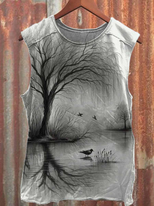 Retro Simple Landscape Print Casual Cotton Tank Top