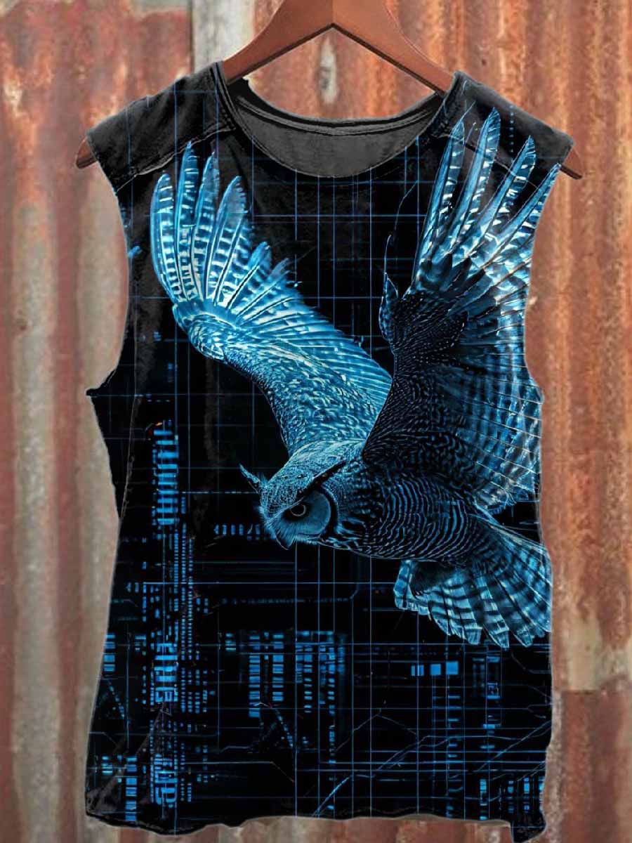 Vintage Tech Owl Print Casual Cotton Tank Top
