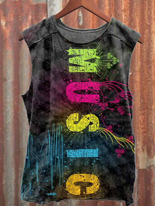 Retro Graffiti Music Print Casual Cotton Tank Top