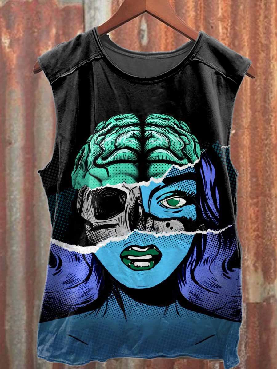 Retro Graffiti Patchwork Print Casual Cotton Tank Top