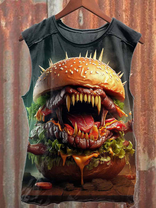 Retro Graffiti Monster Burger Print Casual Cotton Tank Top