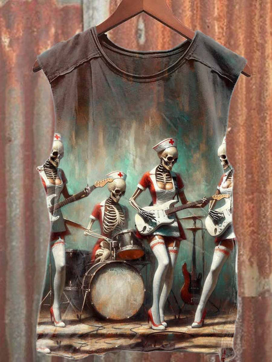 Retro Skeleton Female Doctor Band Printed Casual Cotton Tank Top