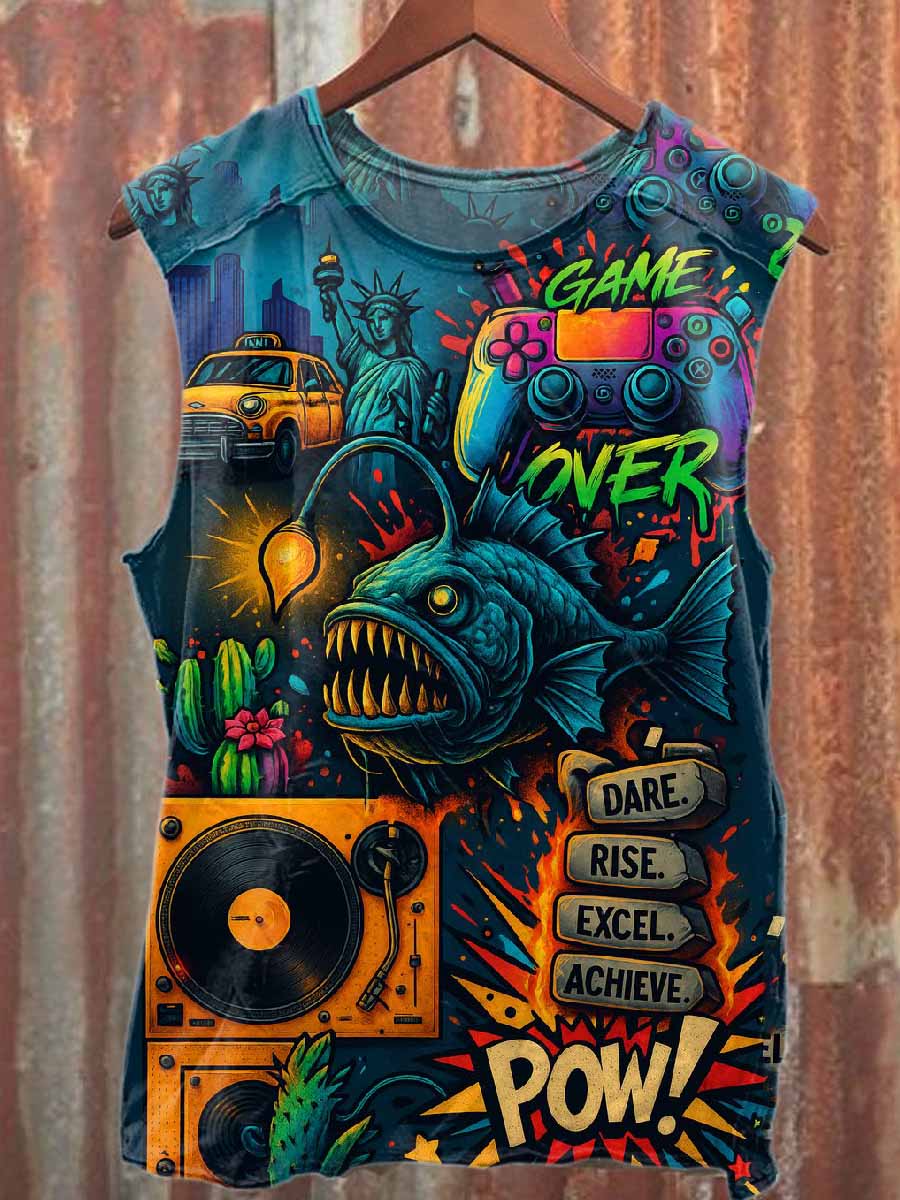 Retro Graffiti Print Casual Cotton Tank Top