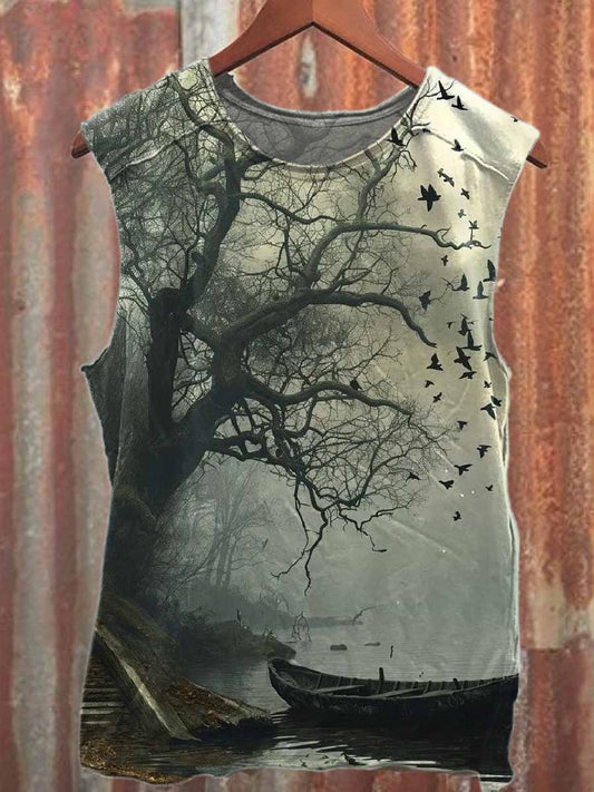 Retro Simple Landscape Print Casual Cotton Tank Top
