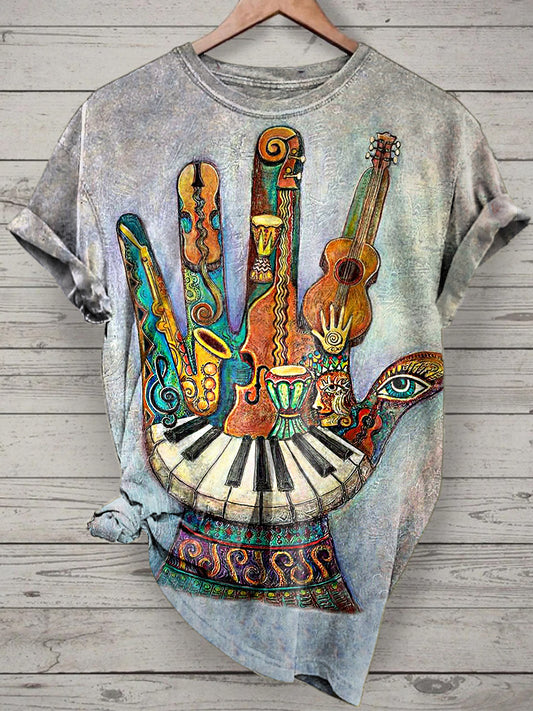 Unisex Interesting Music Palm Printed Vintage Fashion Loose Short Sleeve T-Shirt