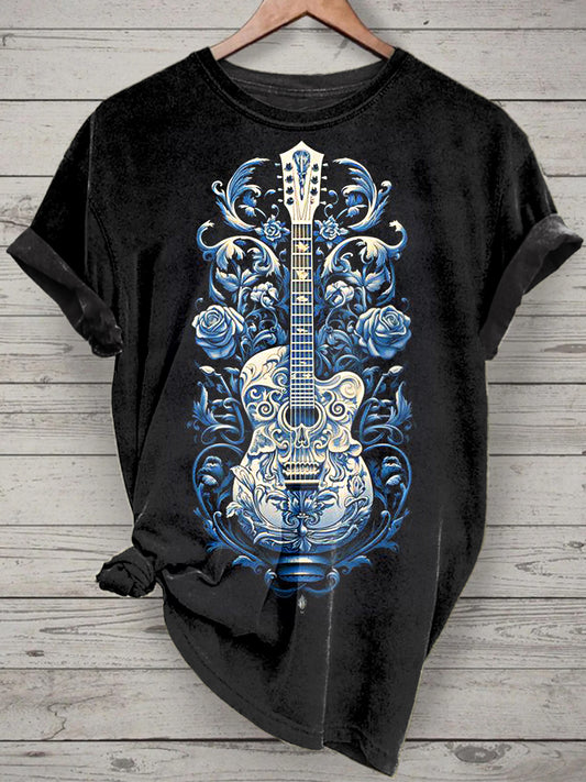 Unisex Music Guitar Printed Vintage Fashion Loose Short Sleeve T-Shirt