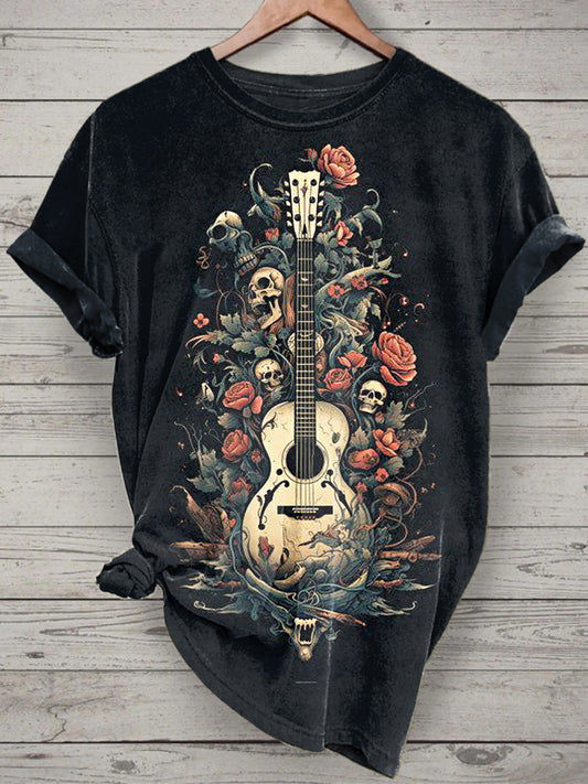Unisex Music Guitar Skull Printed Vintage Fashion Loose Short Sleeve T-Shirt