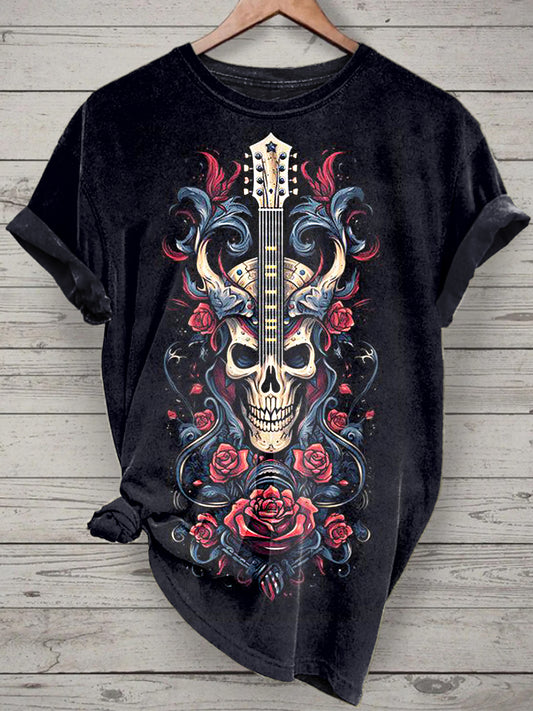 Unisex Music Guitar Skull Printed Vintage Fashion Loose Short Sleeve T-Shirt