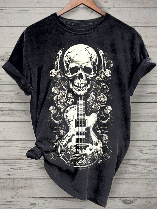 Unisex Music Guitar Skull Printed Vintage Fashion Loose Short Sleeve T-Shirt