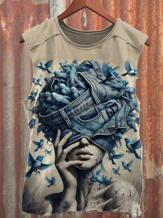 Vintage Illustration Printed Casual Cotton Tank Top