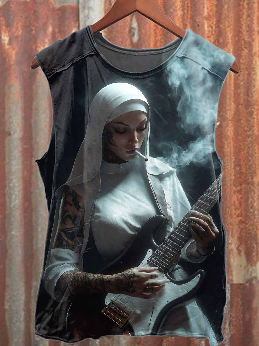 Retro Sexy Punk Nun Print Casual Cotton Tank Top