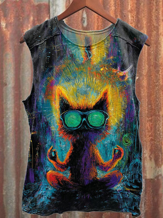 Vintage Graffiti Cat Print Casual Cotton Tank Top