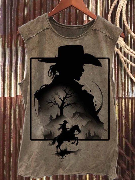 Retro Western Girl Print Casual Pure Cotton Tank Top