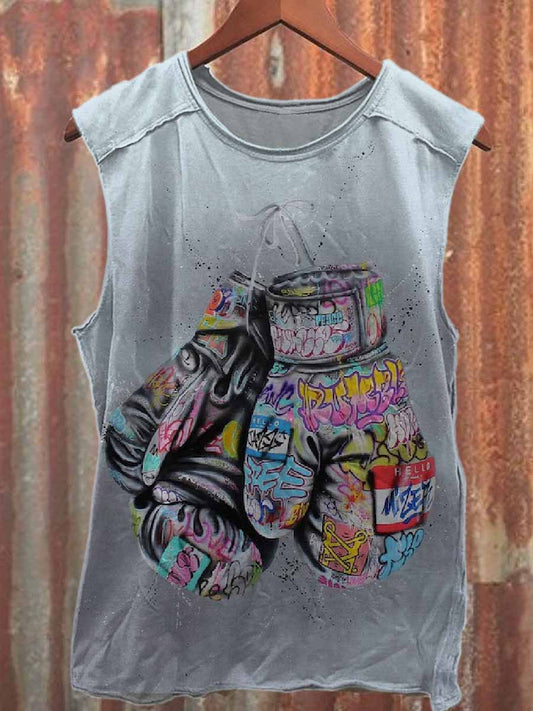 Vintage Boxing Print Casual Cotton Tank Top