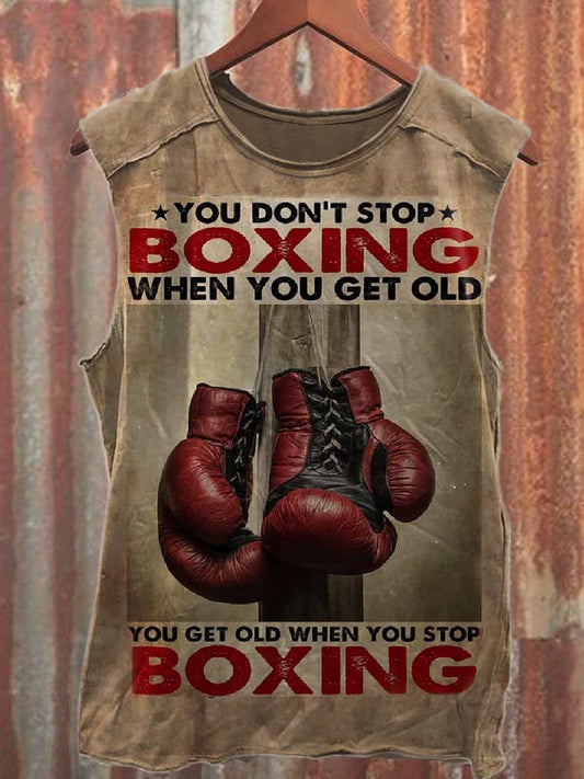 Vintage Boxing Print Casual Cotton Tank Top