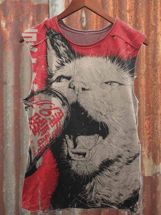 Retro Graffiti Cat Print Casual Cotton Tank Top