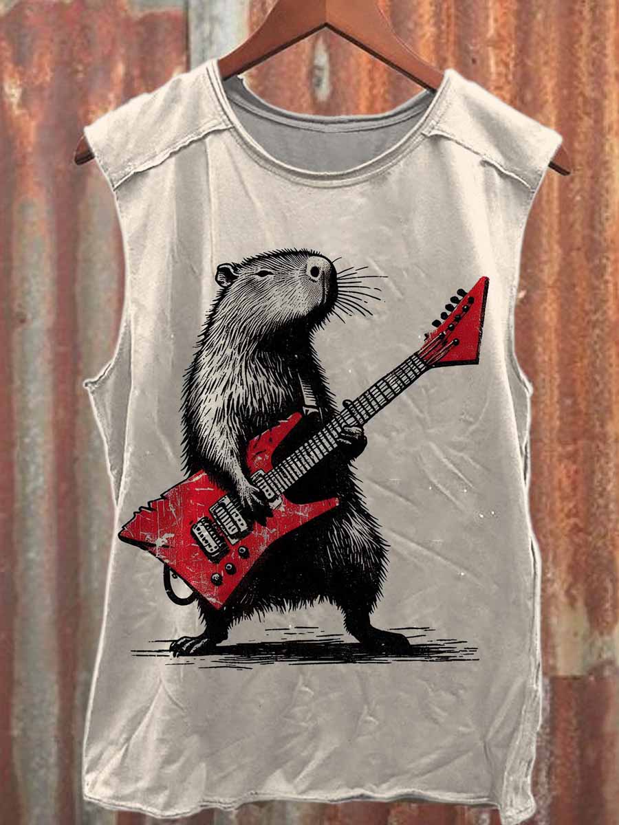 Vintage Minake Guitar Print Casual Cotton Tank Top