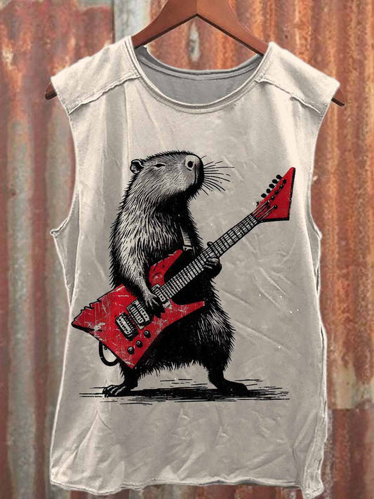 Vintage Minake Guitar Print Casual Cotton Tank Top