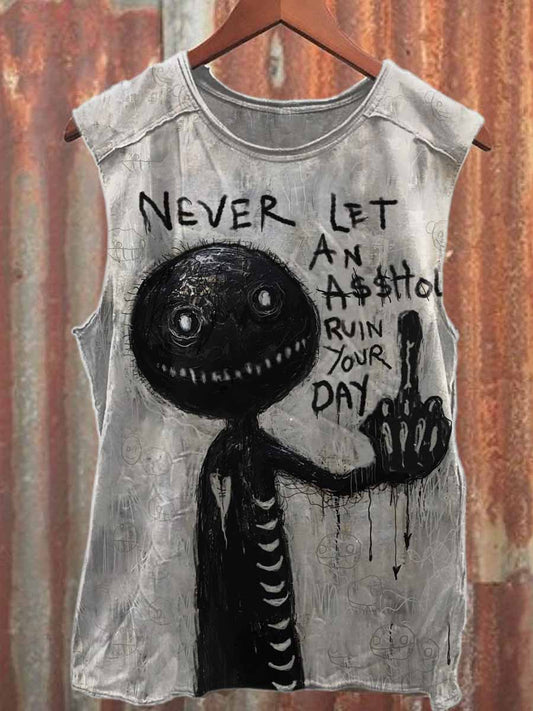 Vintage Graffiti Print Loose Cotton Tank Top