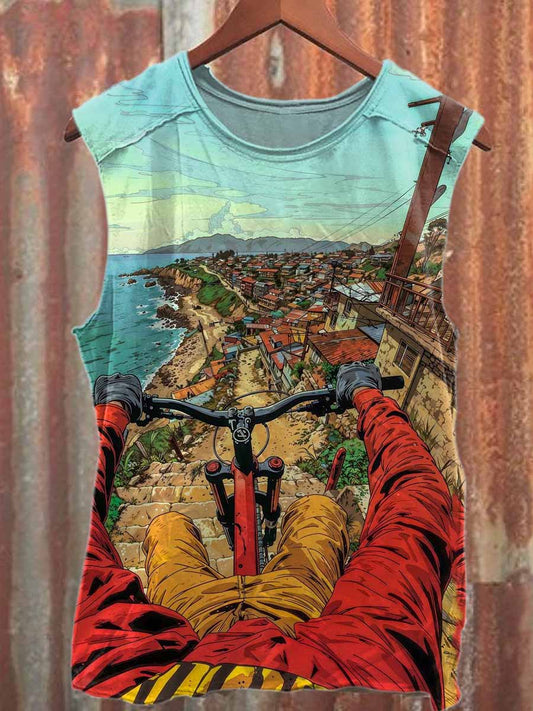 Vintage Cycling Visual Print Loose Cotton Tank Top
