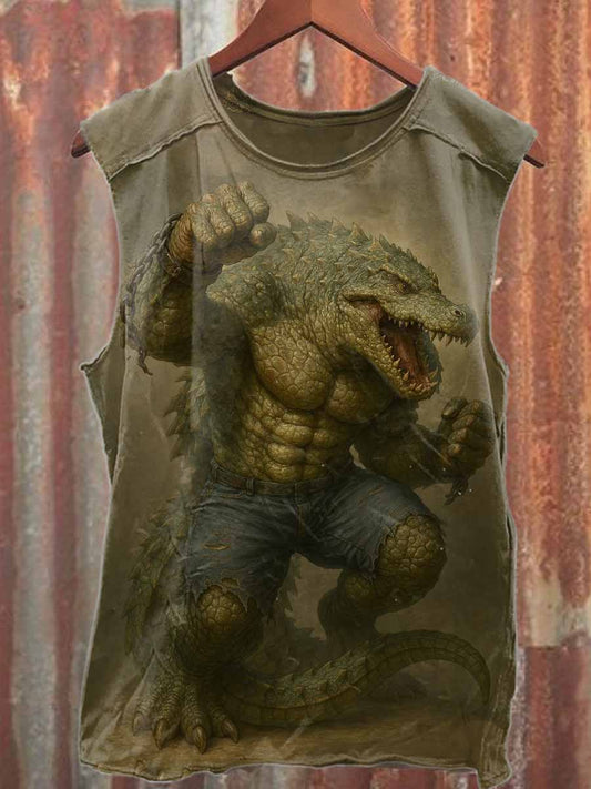 Fierce Crocodile Print Loose Cotton Tank Top