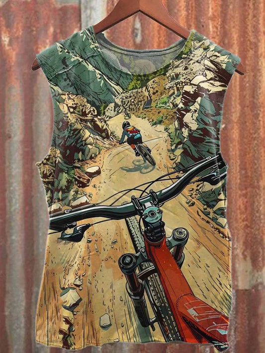 Vintage Cycling Visual Print Loose Cotton Tank Top
