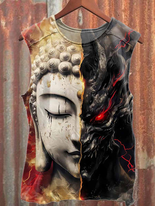 Vintage Graffiti Bodhisattva Print Loose Cotton Tank Top