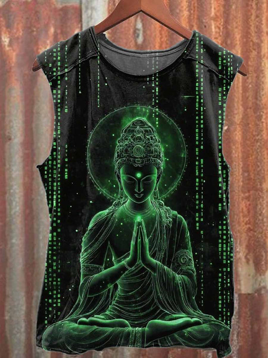 Vintage Bodhisattva Print Loose Cotton Tank Top