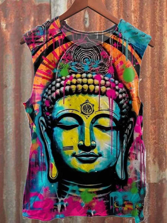 Vintage Graffiti Bodhisattva Print Loose Cotton Tank Top