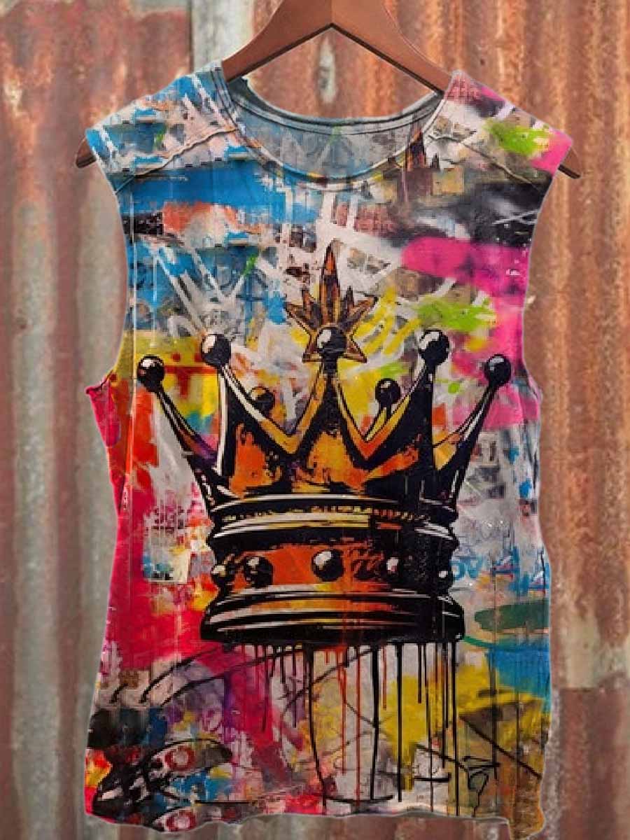 Vintage Graffiti Crown Loose Cotton Tank Top