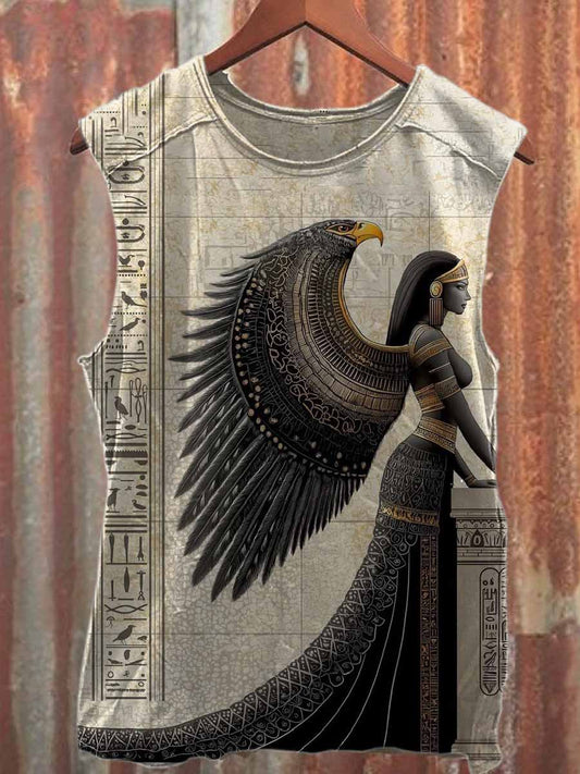 Vintage Egyptian War Goddess Print Loose Cotton Tank Top