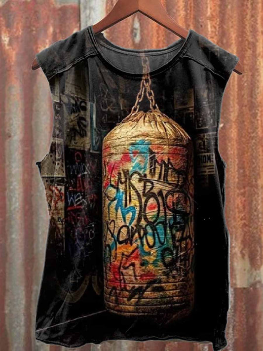 Vintage Graffiti Boxing Sandbag Loose Cotton Tank Top