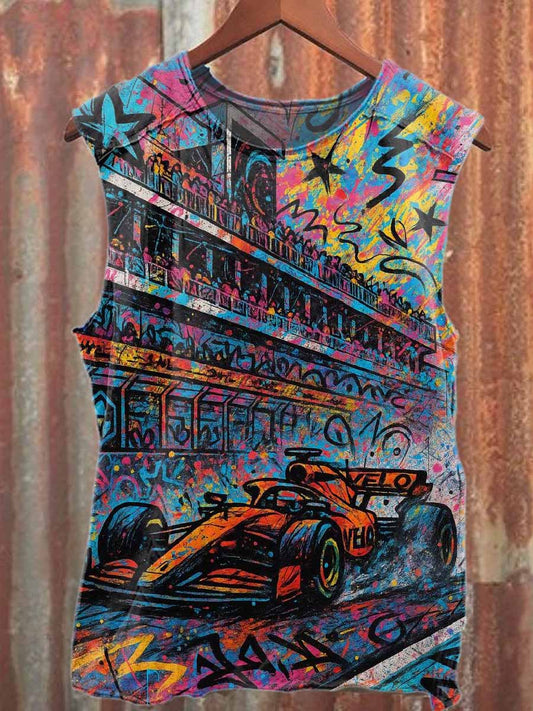 Men's Retro Racing Graffiti Print Casual Cotton Tank Top