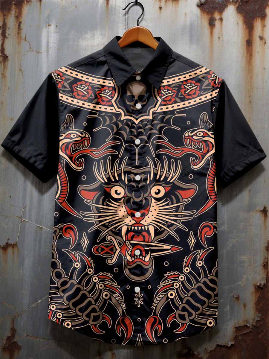 Vintage Graffiti Print Casual Cotton Shirt