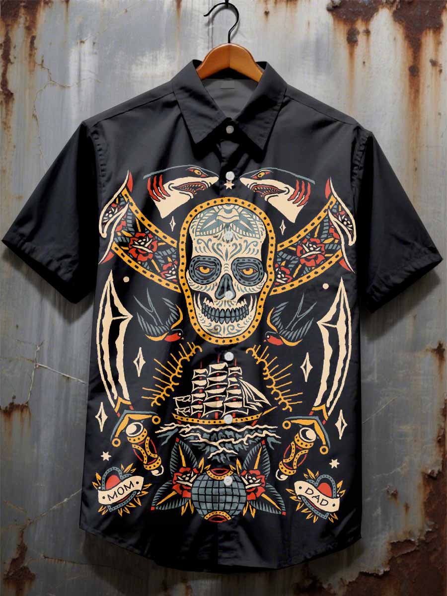 Vintage Graffiti Print Casual Cotton Shirt
