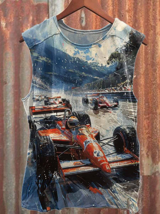 Men's Retro Racing Graffiti Print Casual Cotton Tank Top