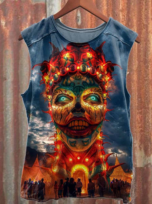Surreal Burning Man Clown Print Cotton Tank Top