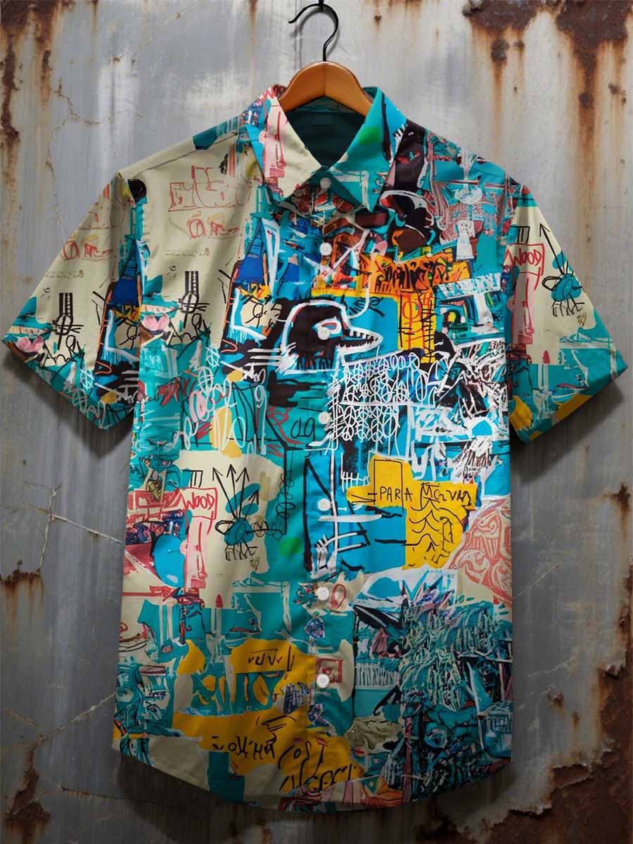 Retro Graffiti Print Casual Cotton Short Sleeve Shirt