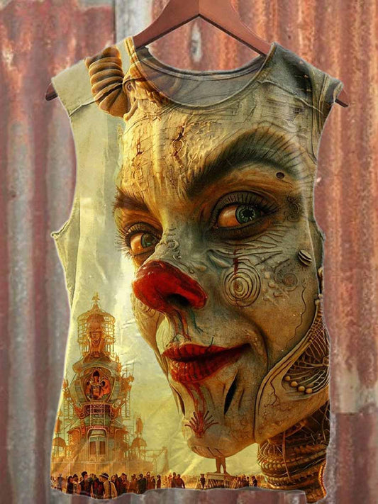 Surreal Burning Man Clown Print Cotton Tank Top