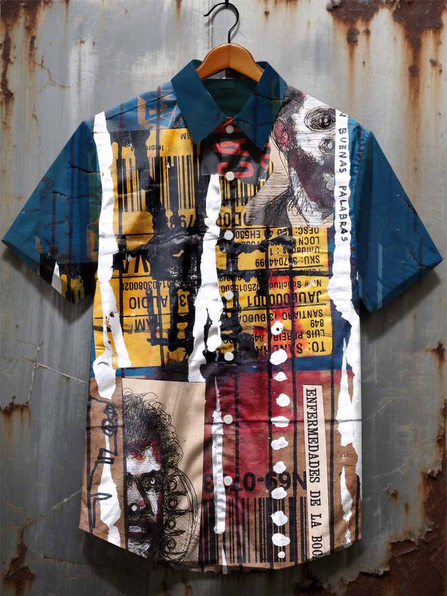 Retro Graffiti Print Casual Cotton Short Sleeve Shirt