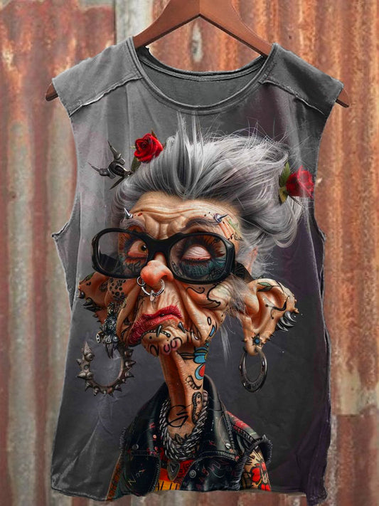 Men's Casual Funny Old Woman Printed Tank Top