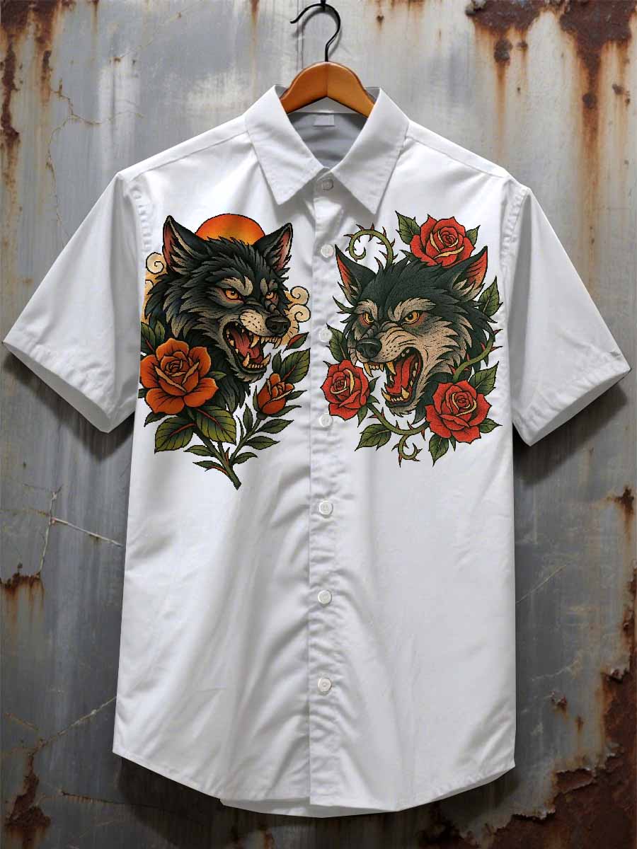 Men's Graffiti Wolf Print Casual Cotton Shirt
